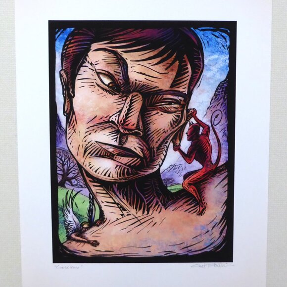 “CONSCIENCE” DEVIL ON SHOULDER FRAMED SIGNED ARTWORK PRINT BY CHET PHILLIPS - Picture 1 of 7